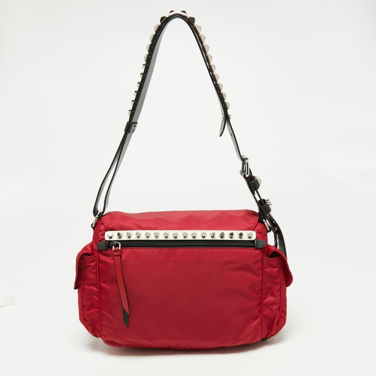 Prada Red/Black Nylon and Leather New Vela Studded Messenger Bag at 1stDibs