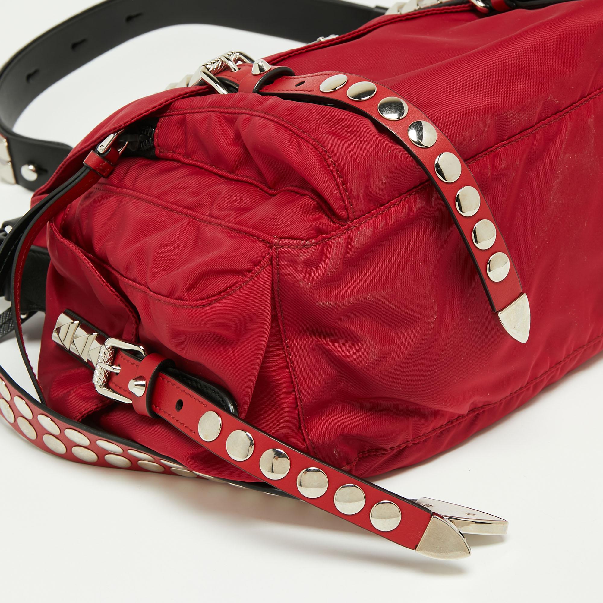 Women's Prada Red/Black Nylon and Leather New Vela Studded Messenger Bag