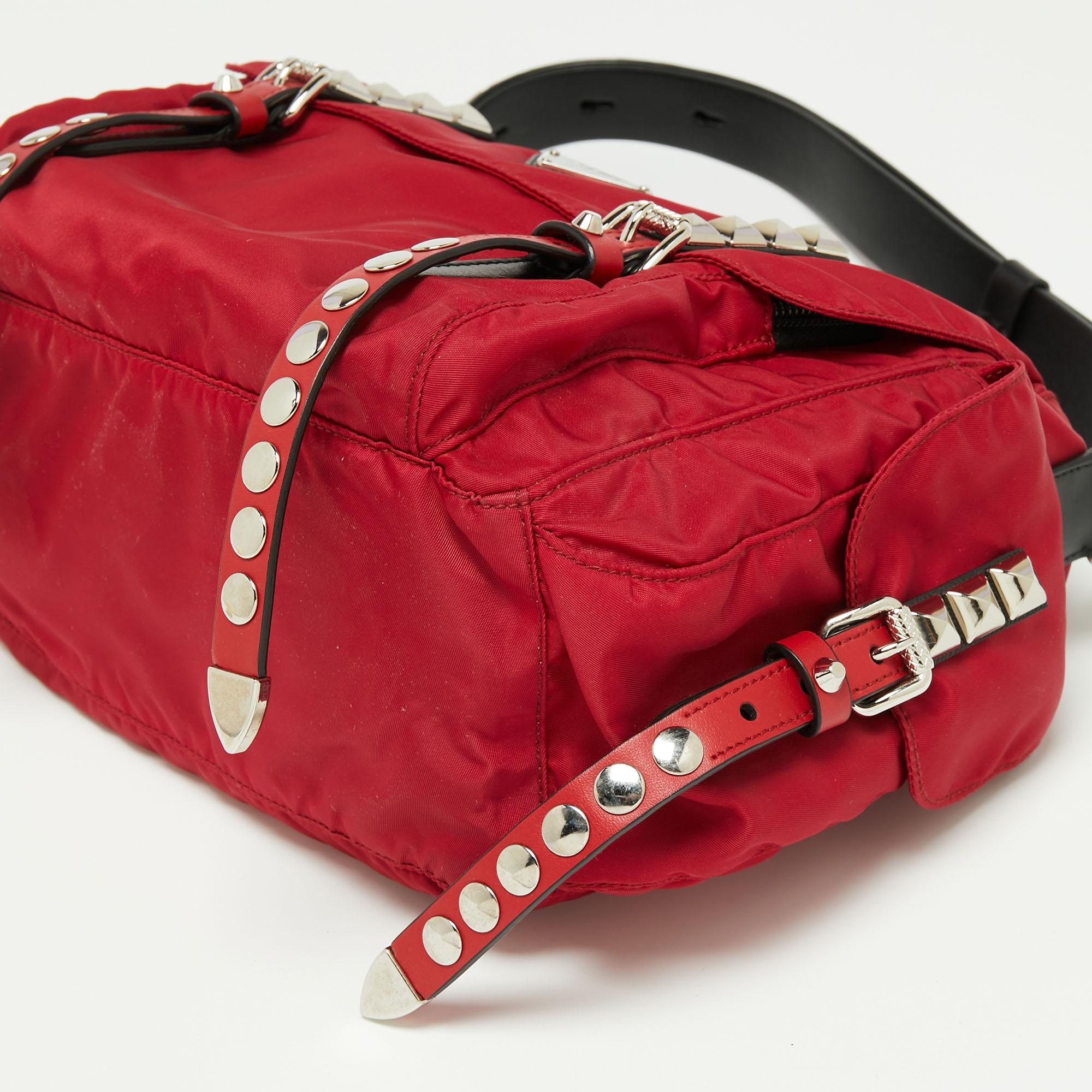 Prada Red/Black Nylon and Leather New Vela Studded Messenger Bag 1