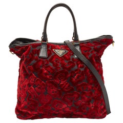 Prada Red/Black Velvet And Nylon Floral Tote