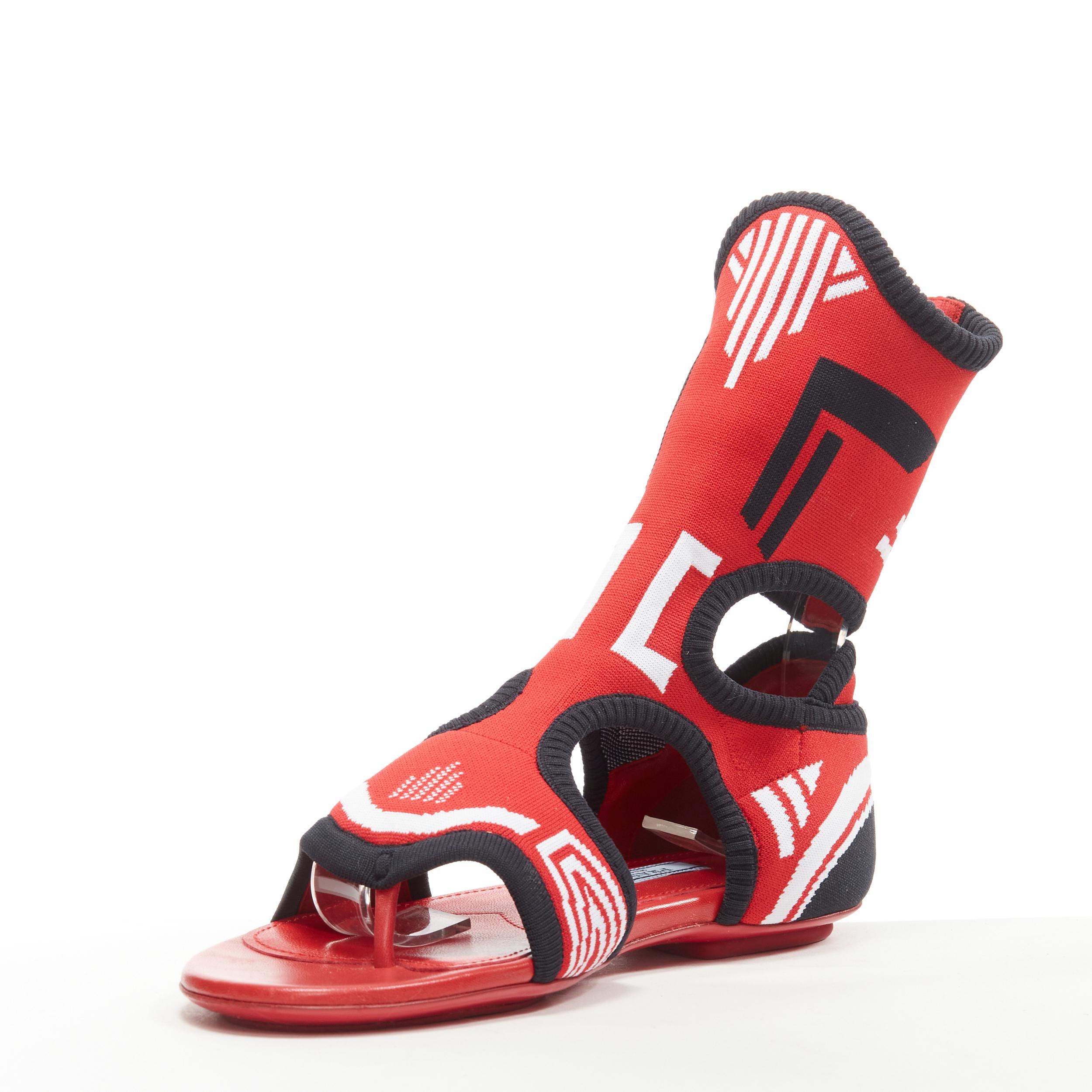Brown PRADA red black white stretch sock knit thong flat sandals EU35.5
