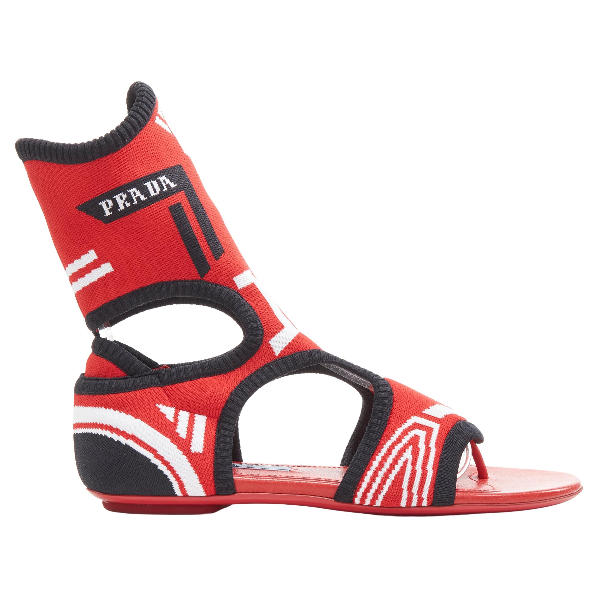 PRADA red black white stretch sock knit thong flat sandals EU35.5 For Sale