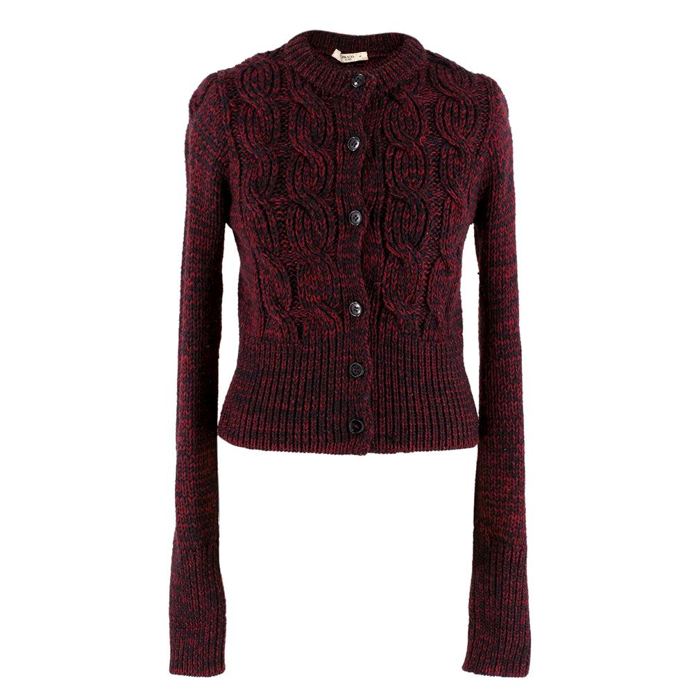 Prada Red & Black Wool Cable Knit Crop Cardigan SIZE 42 IT