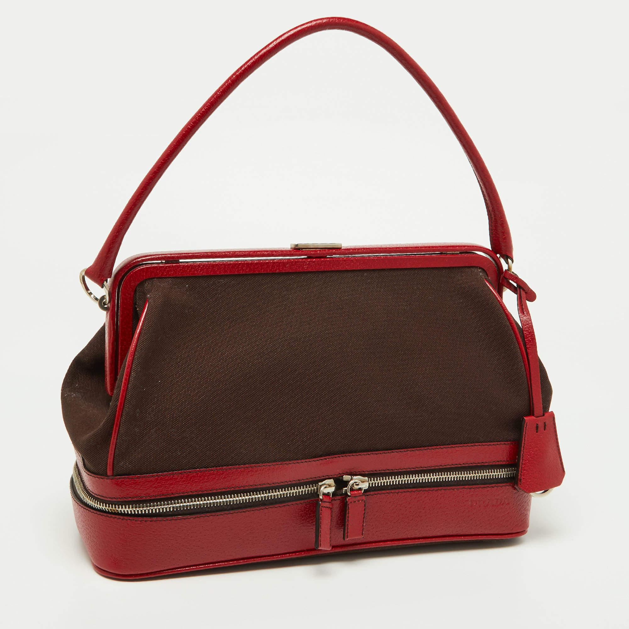 Prada Red/Brown Canvas and Leather Frame Doctor's Bag For Sale 7