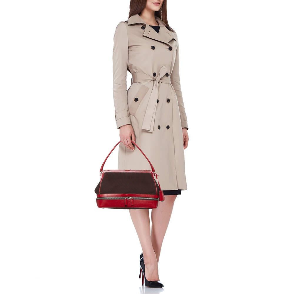 Women's Prada Red/Brown Canvas and Leather Frame Doctor's Bag For Sale