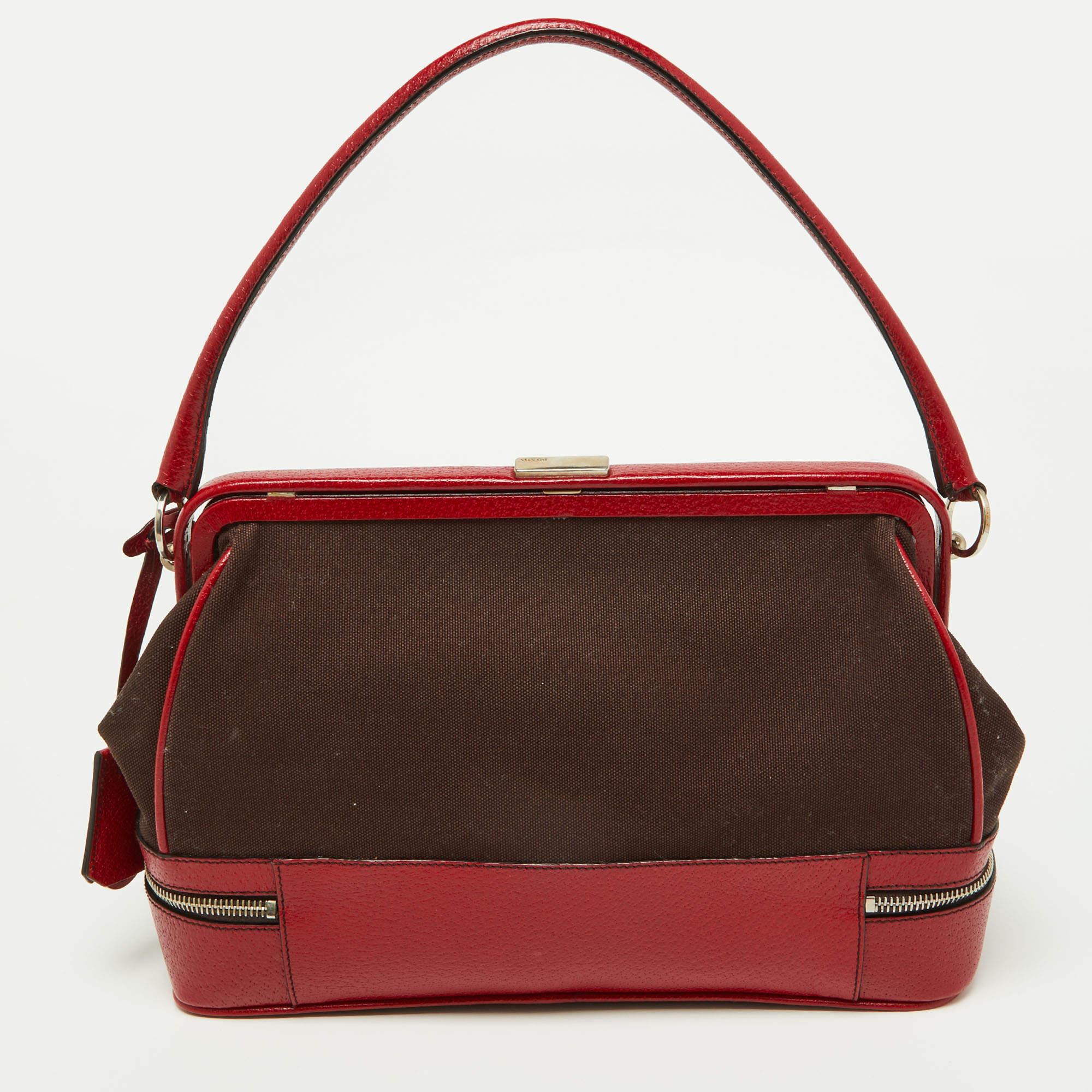 Prada Red/Brown Canvas and Leather Frame Doctor's Bag For Sale 5