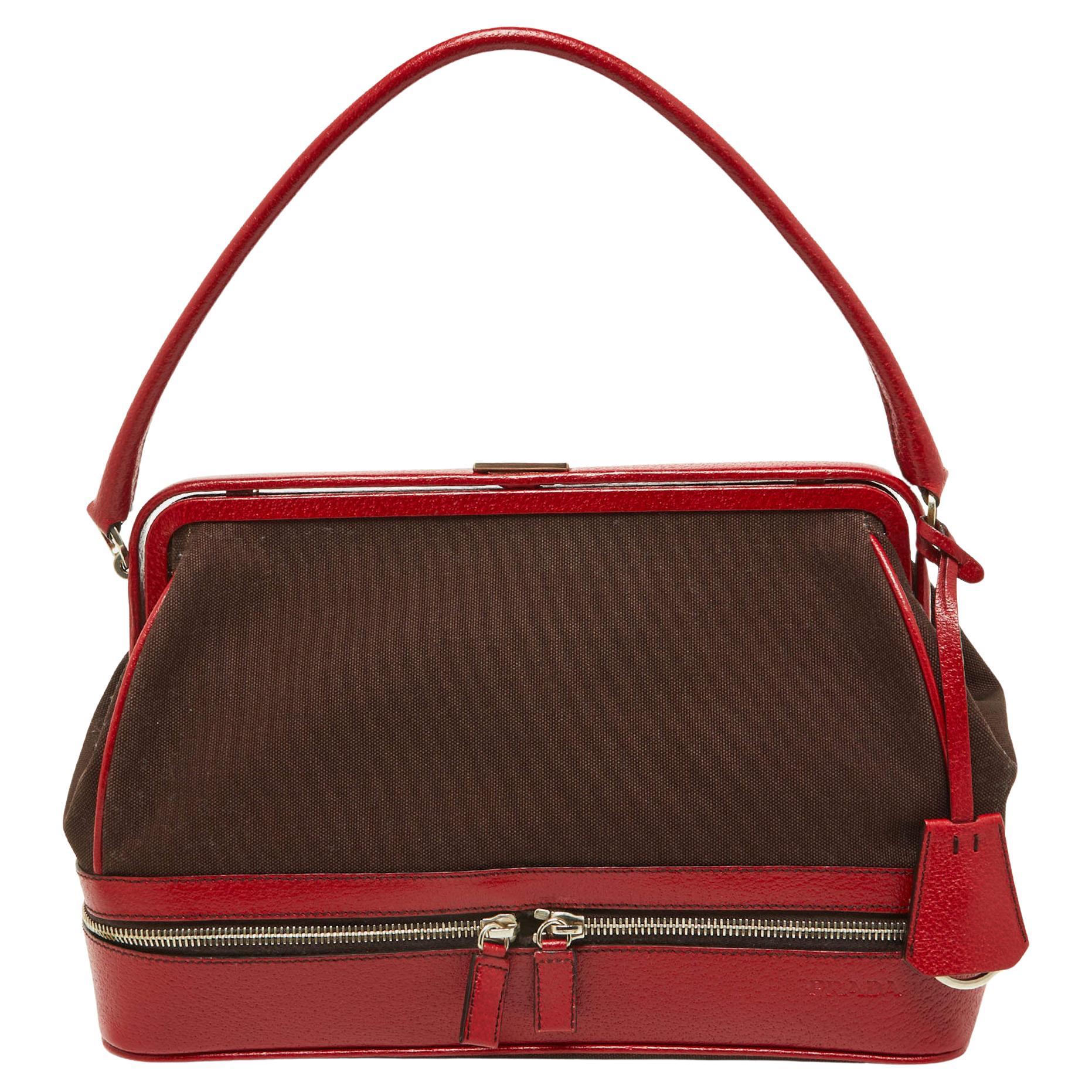 Prada Red/Brown Canvas and Leather Frame Doctor's Bag For Sale