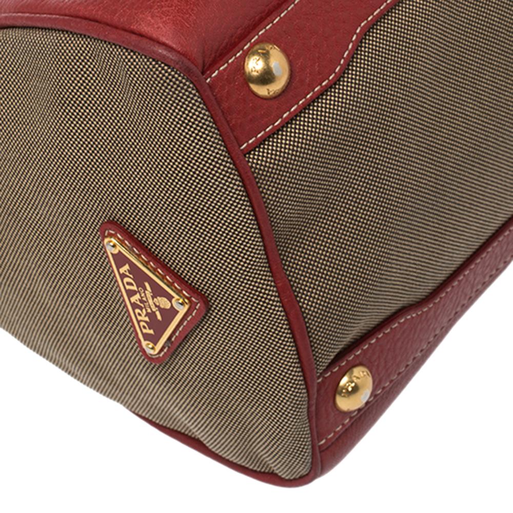 Prada Red/Brown Canvas and Leather Jacquard Logo Convertible Satchel 4