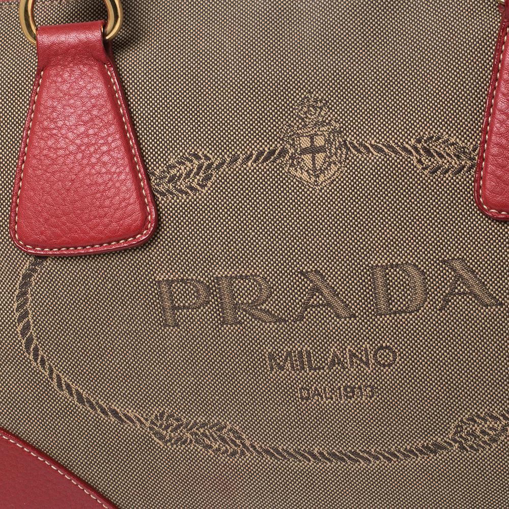 Prada Red/Brown Canvas and Leather Jacquard Logo Convertible Satchel In Good Condition In Dubai, Al Qouz 2