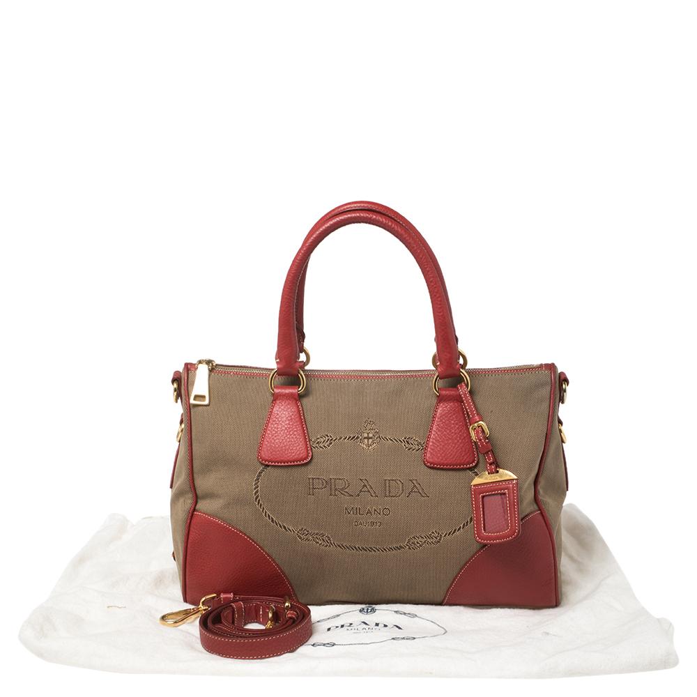 Prada Red/Brown Canvas and Leather Jacquard Logo Convertible Satchel 2