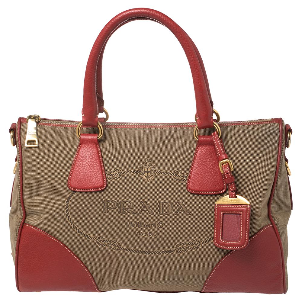 Prada Red/Brown Canvas and Leather Jacquard Logo Convertible Satchel