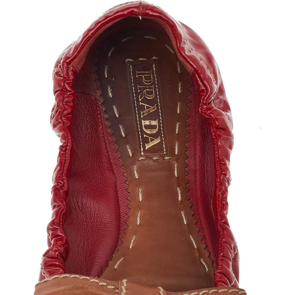 Prada Red/Brown Patent Leather Bow Scrunch Ballet Flats Size 38 3