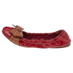 Prada Red/Brown Patent Leather Bow Scrunch Ballet Flats Size 38