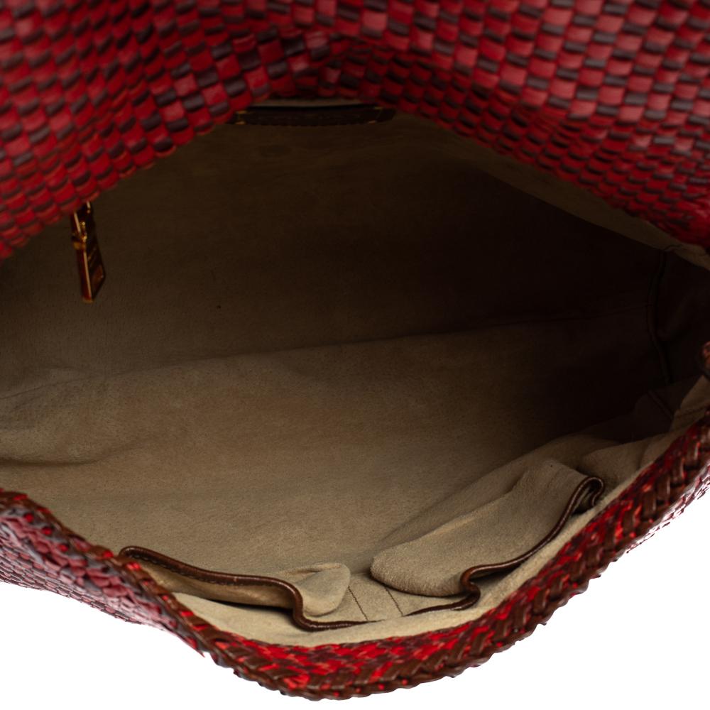 Prada Red/Brown Woven Goatskin Leather Madras Top Handle Bag 3