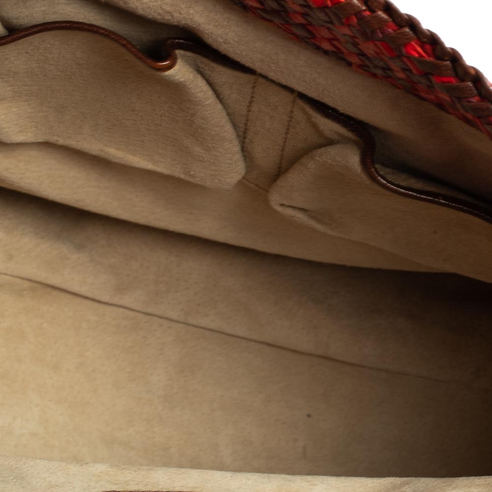 Prada Red/Brown Woven Goatskin Leather Madras Top Handle Bag 4