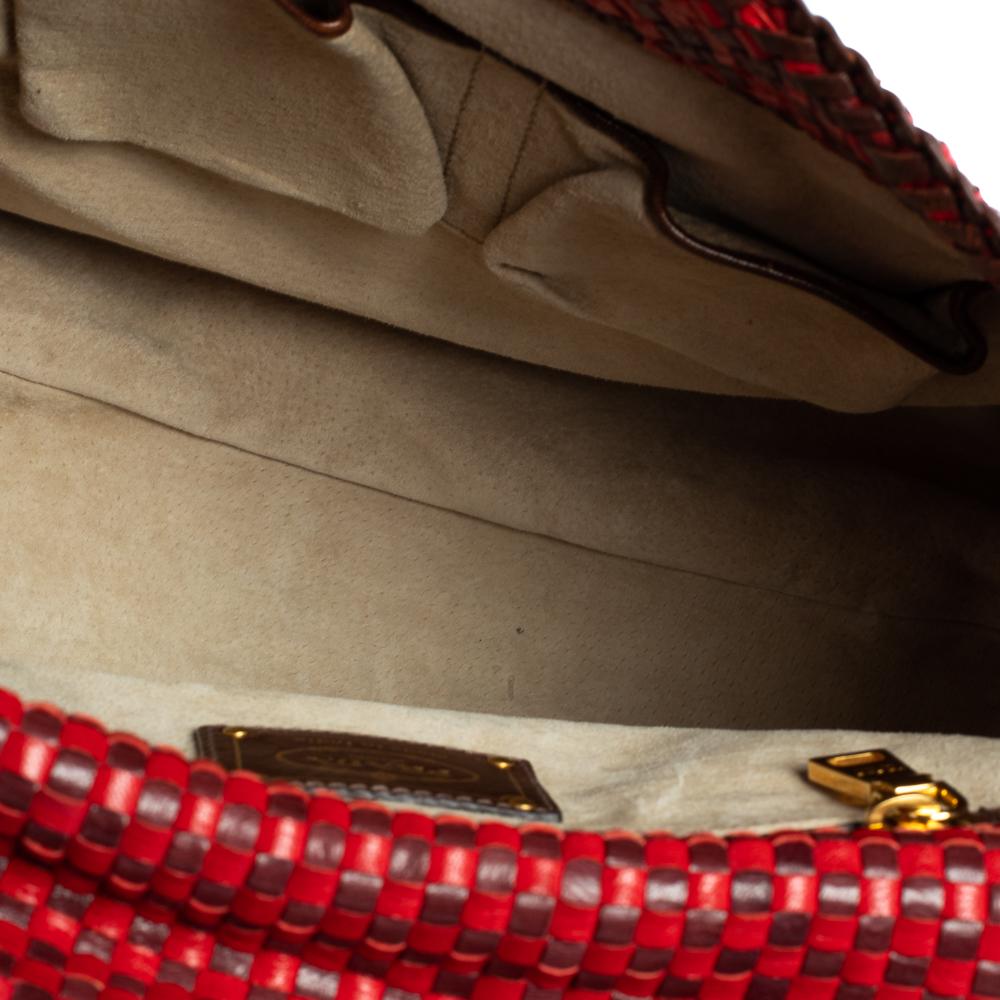 Prada Red/Brown Woven Goatskin Leather Madras Top Handle Bag 5