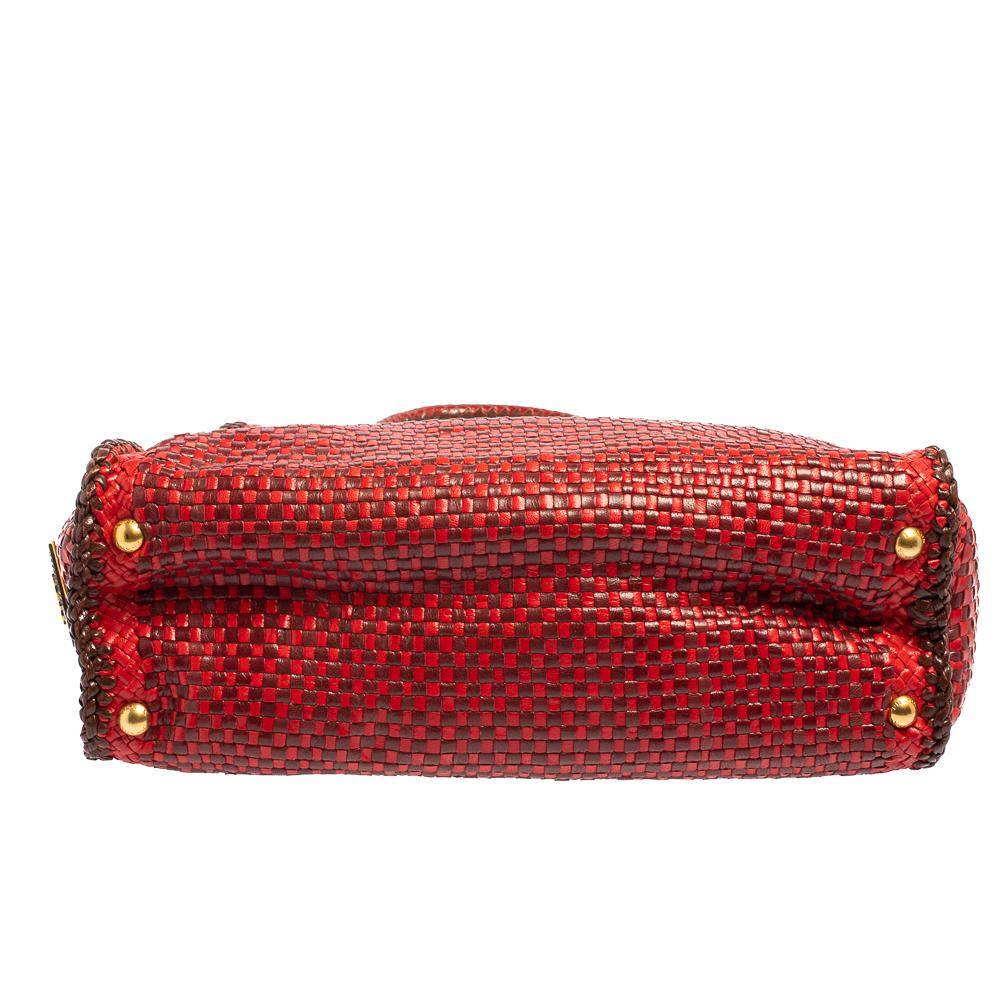 Prada Red/Brown Woven Goatskin Leather Madras Top Handle Bag 6
