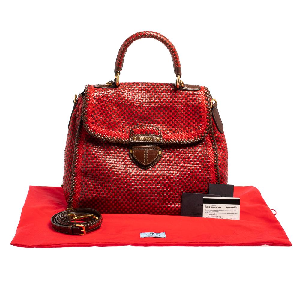 Prada Red/Brown Woven Goatskin Leather Madras Top Handle Bag 7