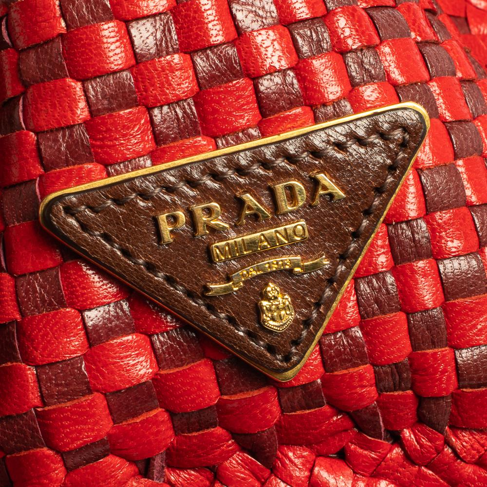 Women's Prada Red/Brown Woven Goatskin Leather Madras Top Handle Bag