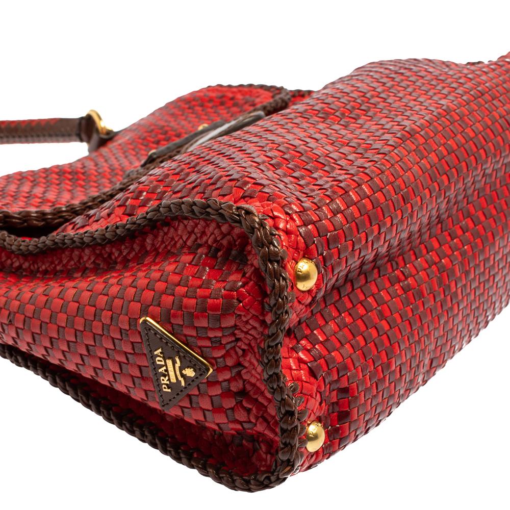 Prada Red/Brown Woven Goatskin Leather Madras Top Handle Bag 1