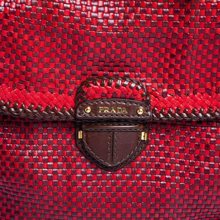 Prada Red/Brown Woven Goatskin Leather Madras Bag BN2115 - Yoogi's Closet