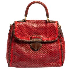 Prada Red/Brown Woven Goatskin Leather Madras Top Handle Bag