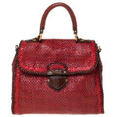 Prada Red/Brown Woven Leather Madras Top Handle Bag