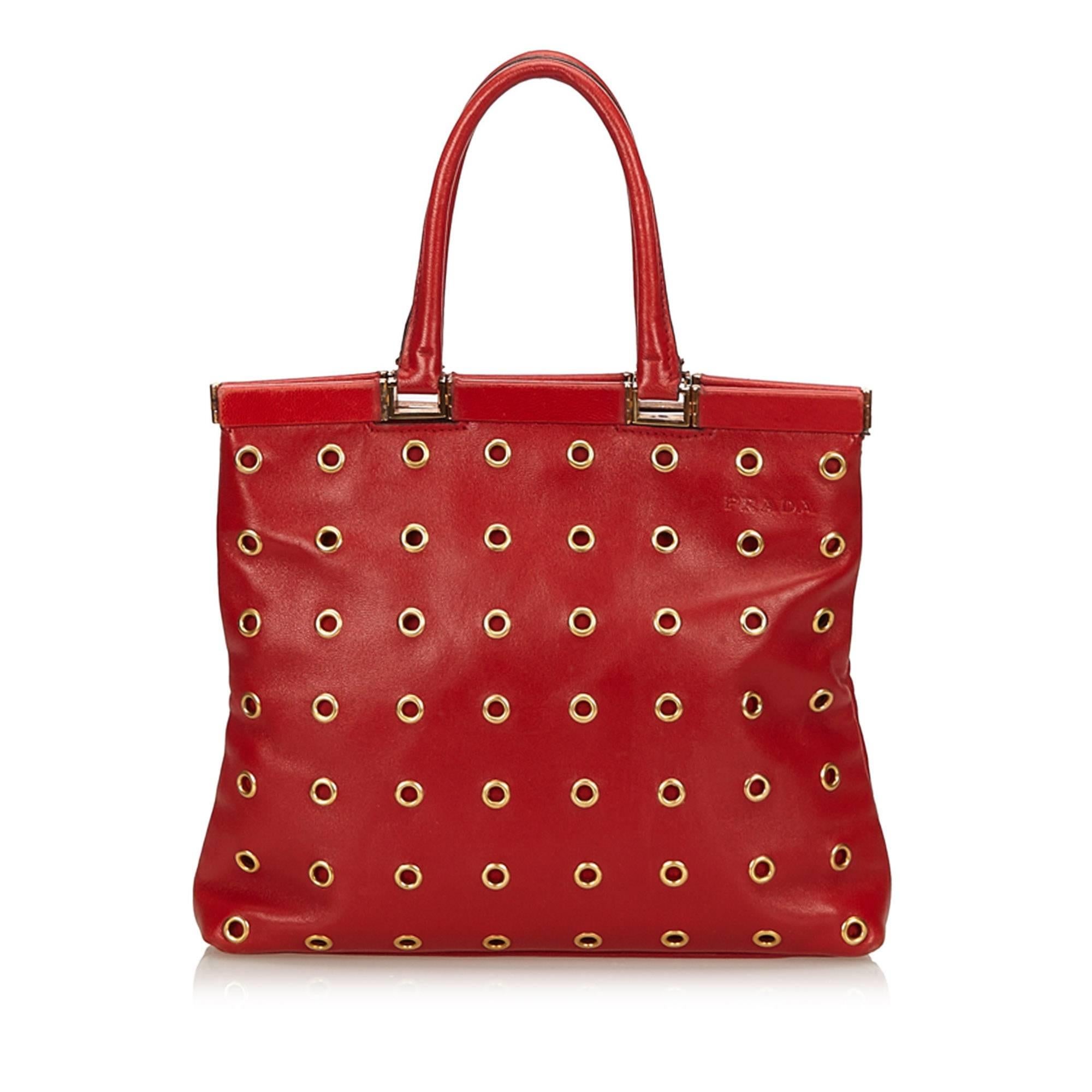 Women's or Men's Prada Red Calf Leather 18 Carat Gold-Toned Eyelet Handbag
