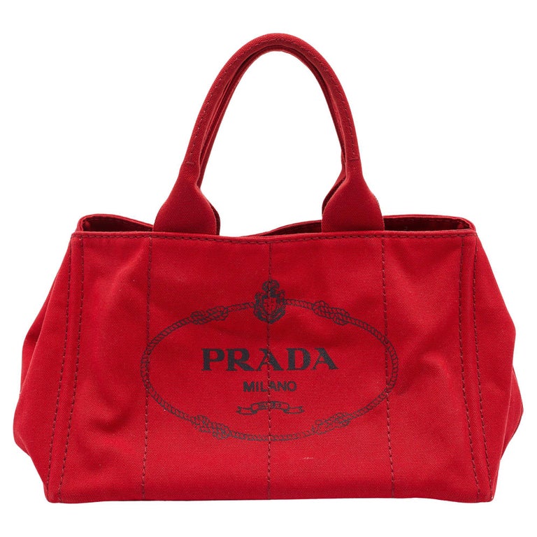 Prada Red Canapa Canvas Logo Print Shopper Tote at 1stDibs
