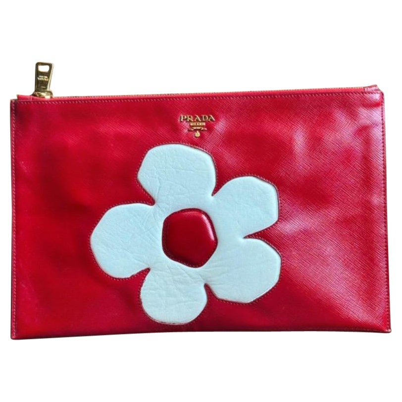 Prada red clutch with flower. For Sale