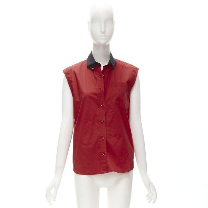 PRADA red contrast black collar boxy sleeveless vest shirt S For Sale 5