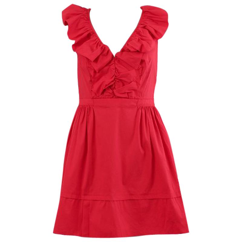 PRADA red cotton RUFFLED SLEEVELESS Dress 42