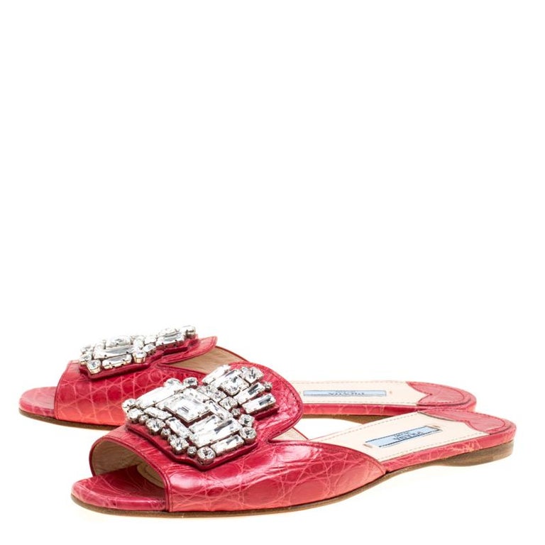 Prada Red Croc Embossed Leather Crystal Embellished Flat Slides Size 38 ...