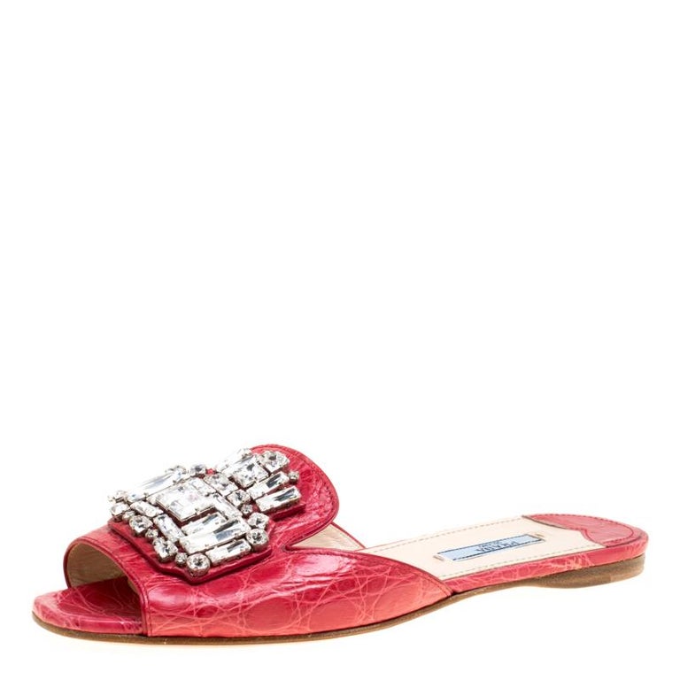 Prada Red Croc Embossed Leather Crystal Embellished Flat Slides Size 38 For Sale at 1stDibs