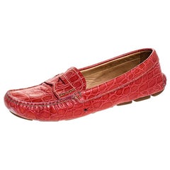 Prada Red Croc Embossed Leather Penny Loafers Size 38