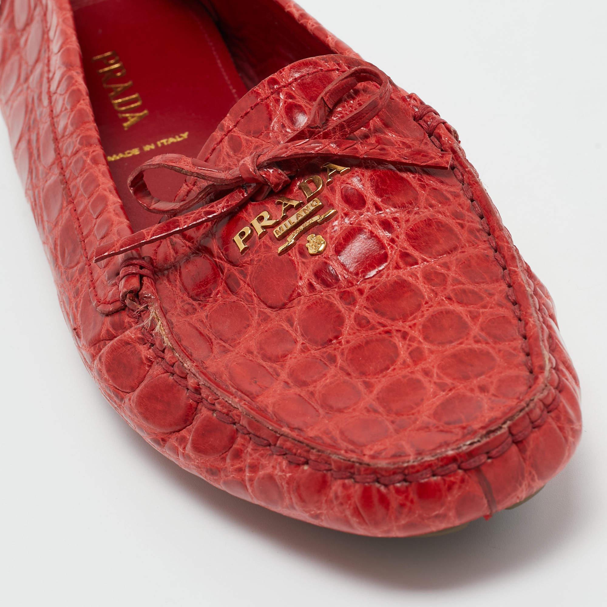 Women's Prada Red Crocodile Leather Penny Loafers Size 40