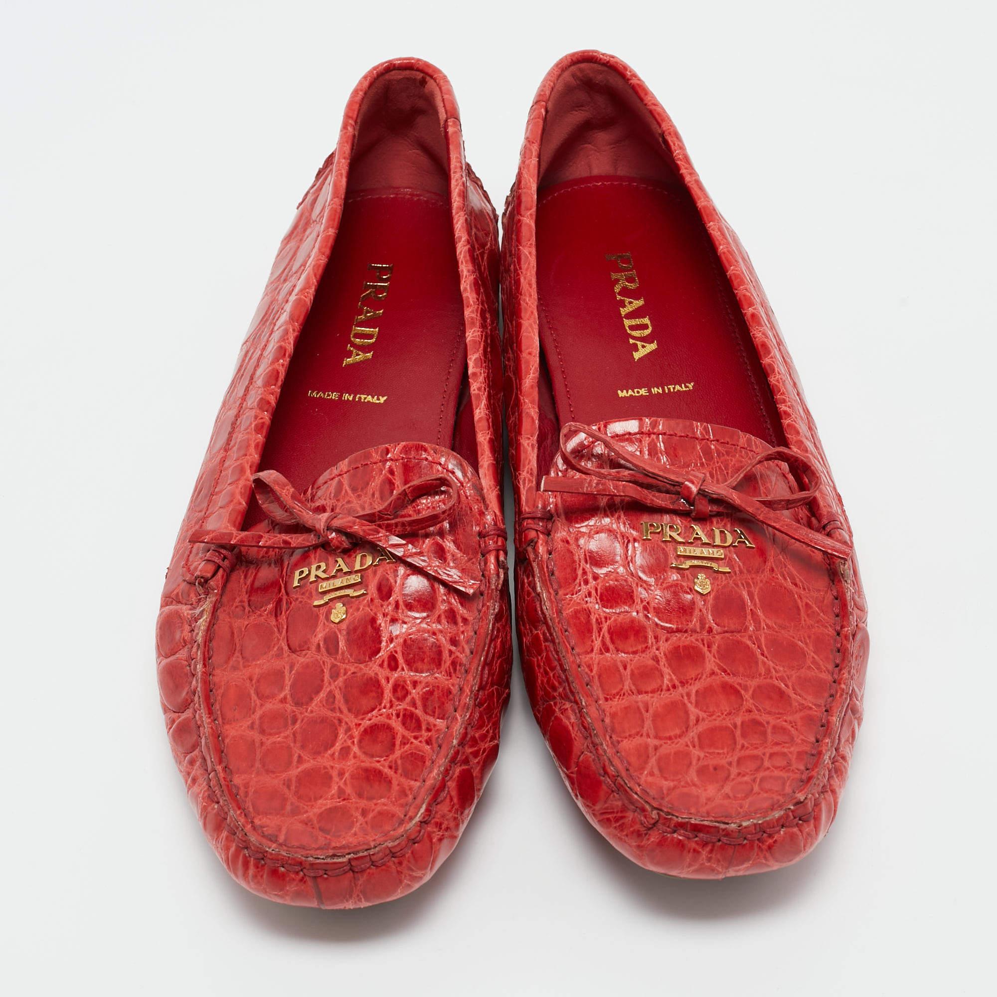 Prada Red Crocodile Leather Penny Loafers Size 40 2
