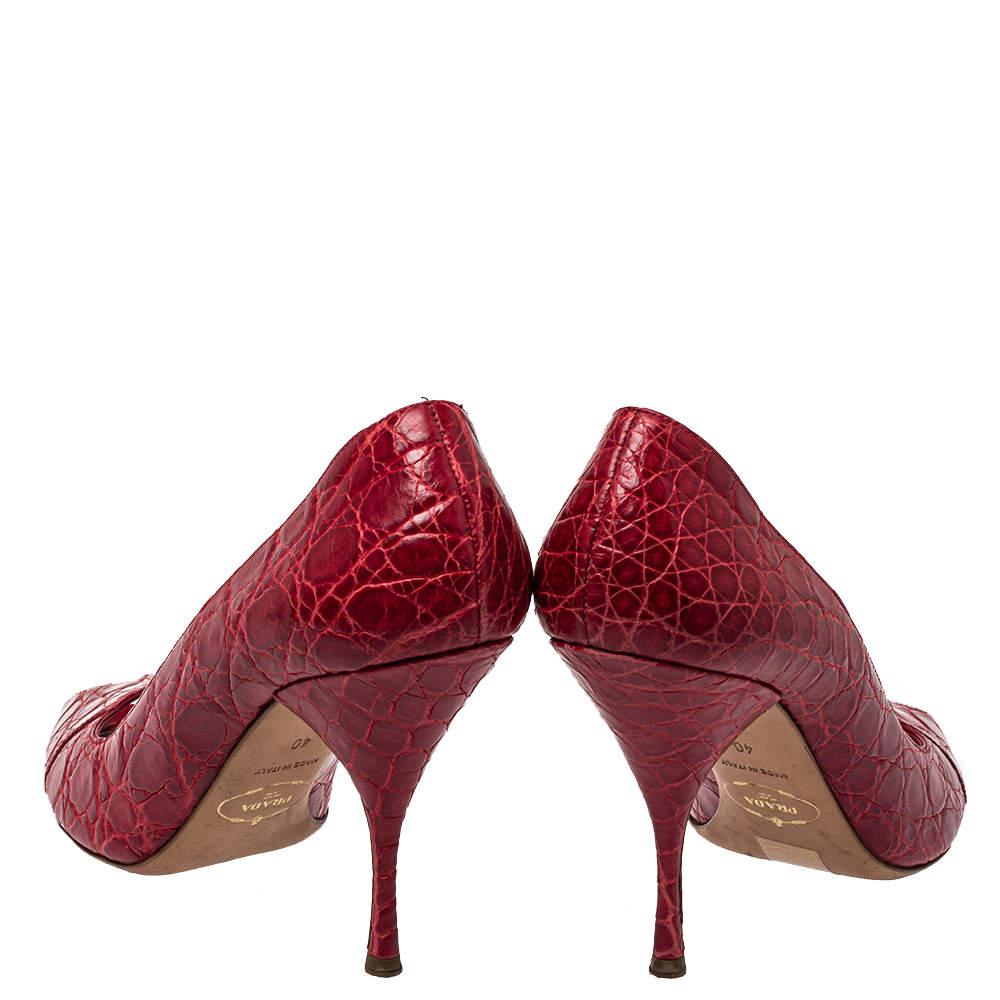 Prada Red Embossed Leather Peep Toe Pumps Size 40 1