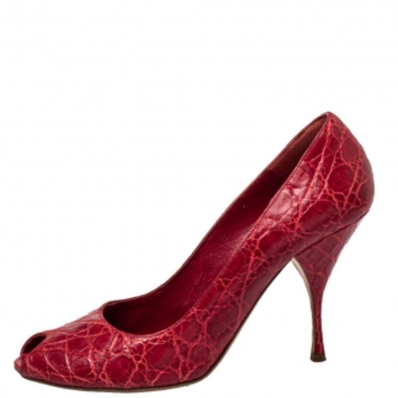 Prada Red Embossed Leather Peep Toe Pumps Size 40 For Sale 1
