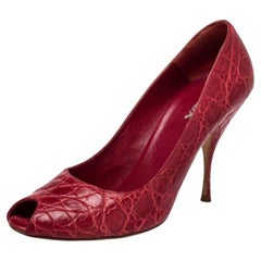 Prada Red Embossed Leather Peep Toe Pumps Size 40