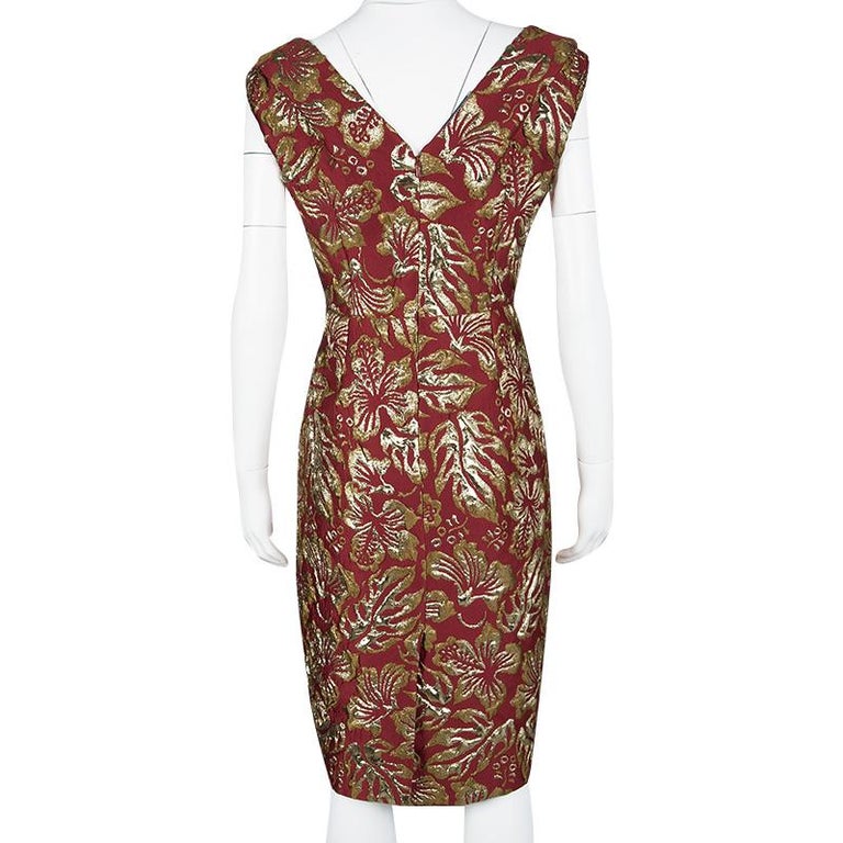 Prada Red Embossed Metallic Floral Jacquard Bow Detail Sleeveless Dress ...