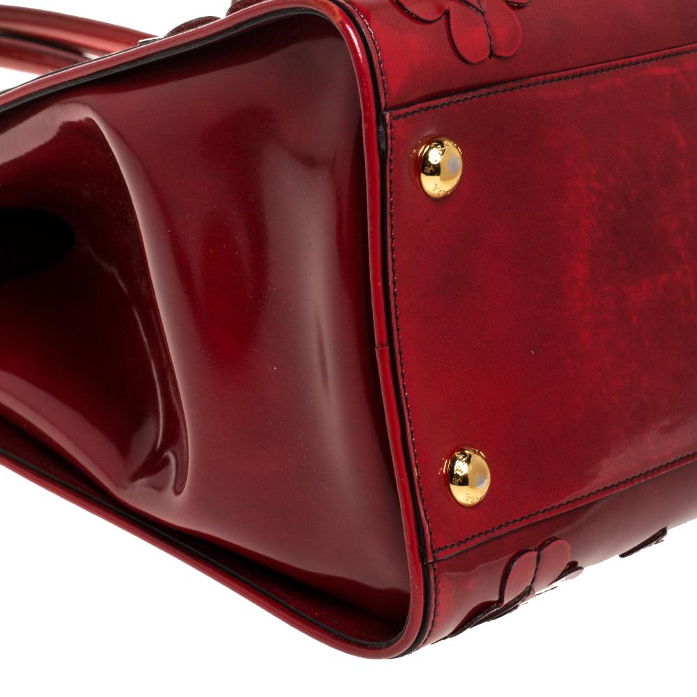 Prada Red Floral Applique Patent Leather Spazzolato Tote 7