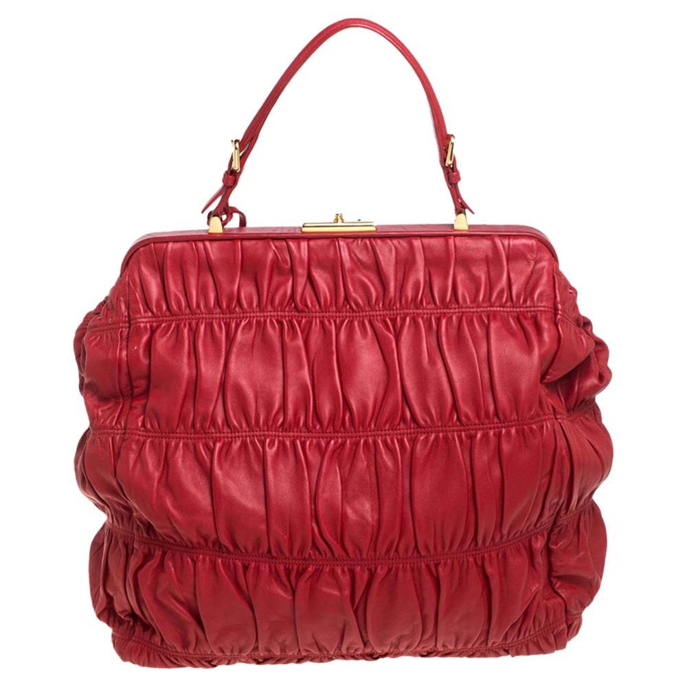 Prada Red Gaufre Nappa Leather Dressy Frame Satchel 7