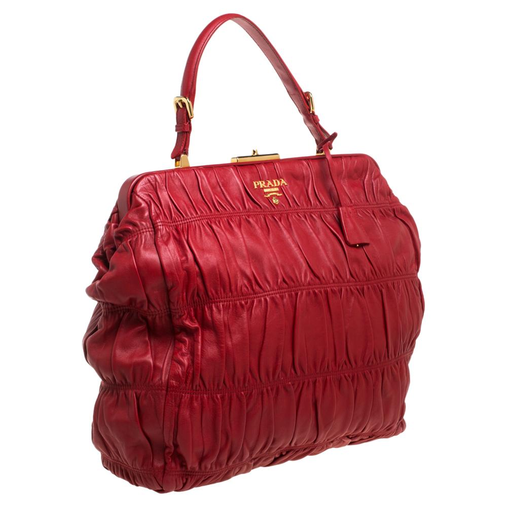 Prada Red Gaufre Nappa Leather Dressy Frame Satchel In Good Condition In Dubai, Al Qouz 2