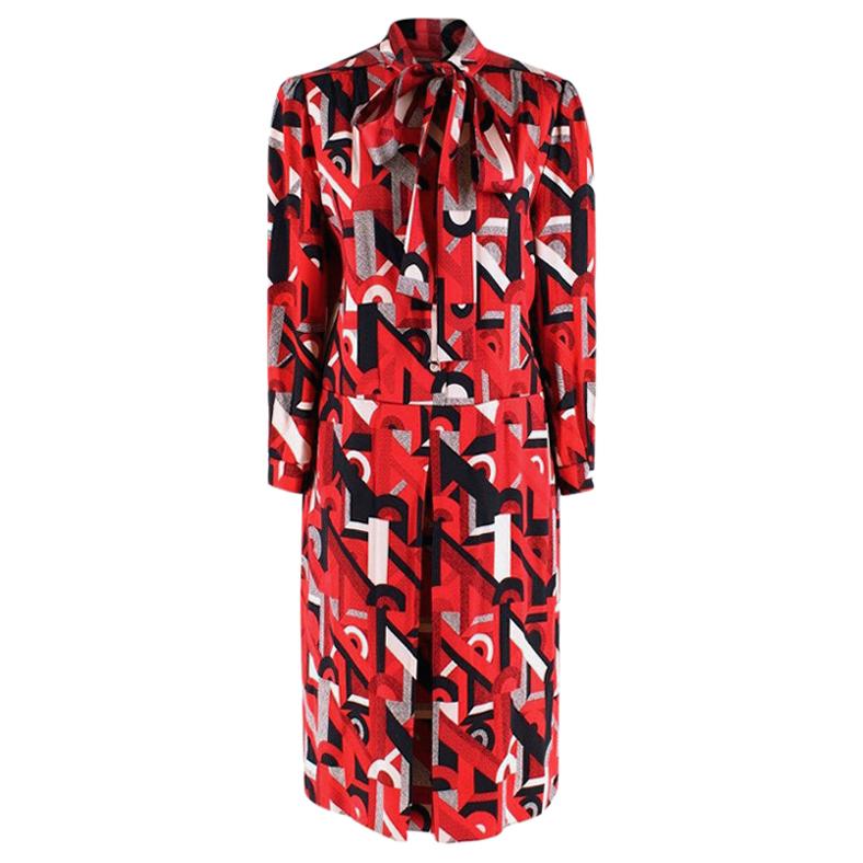 Prada Red Geometric Printed Pussy Bow Dress - Size US 2  For Sale