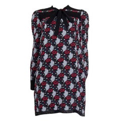 PRADA red grey black blue silk FLORAL LACE TRIM BOW Sheath Dress 44 L