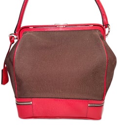 Prada red leather and brown canvas handbag