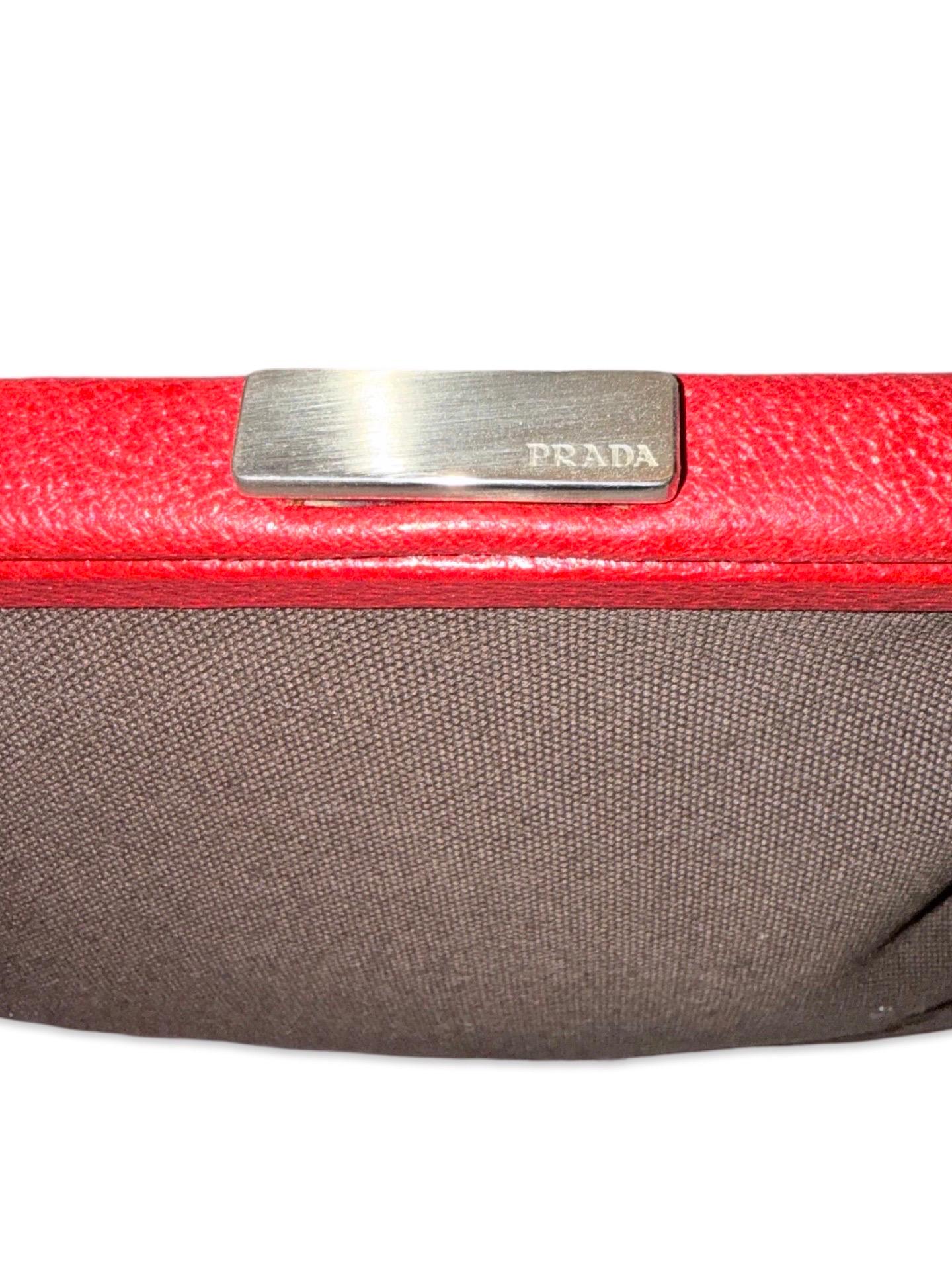 Brown Prada red leather and brown canvas handbag For Sale