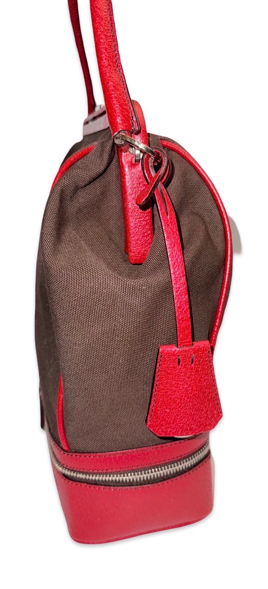 Women's Prada red leather and brown canvas handbag For Sale