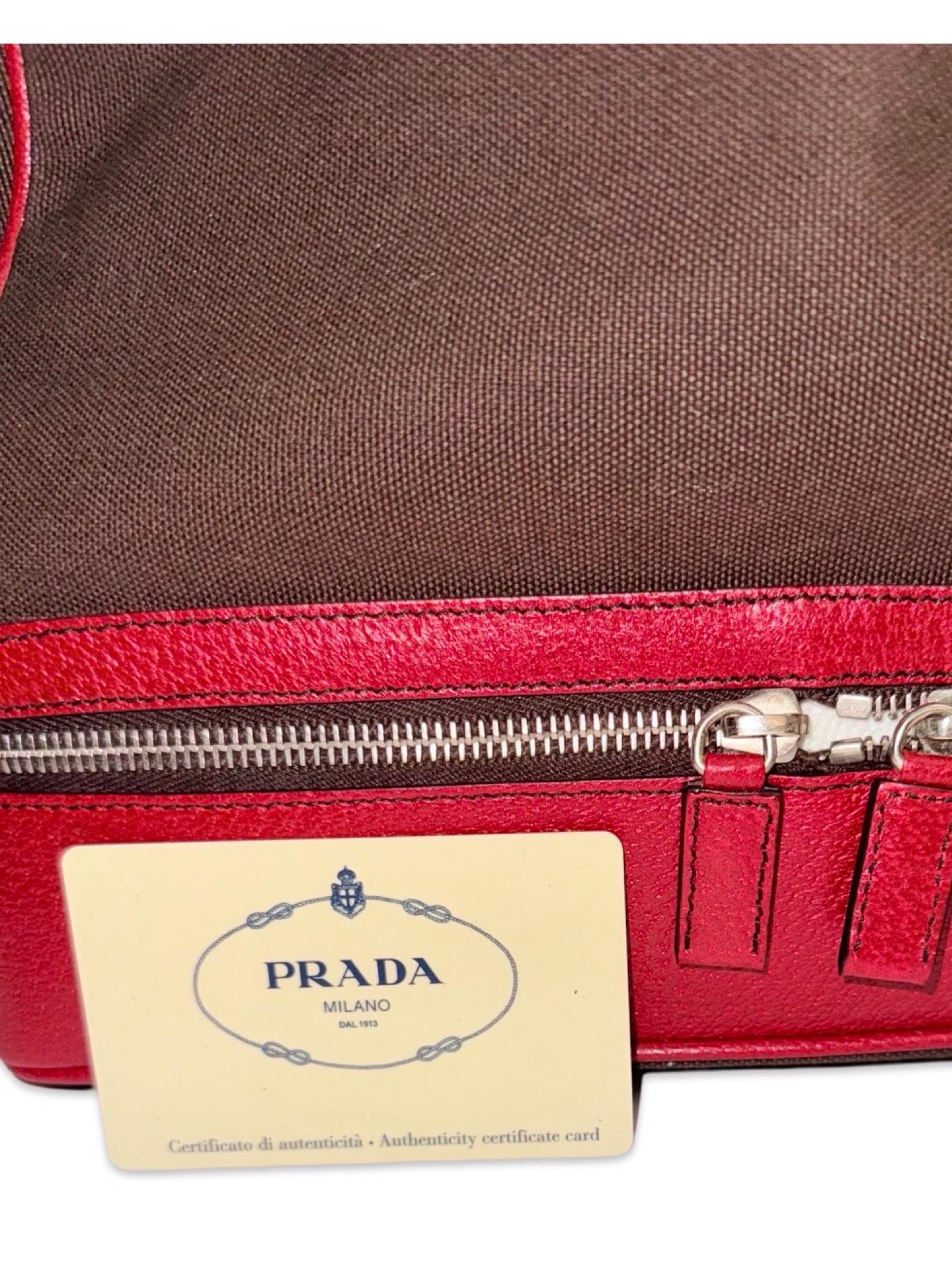 Prada red leather and brown canvas handbag For Sale 2